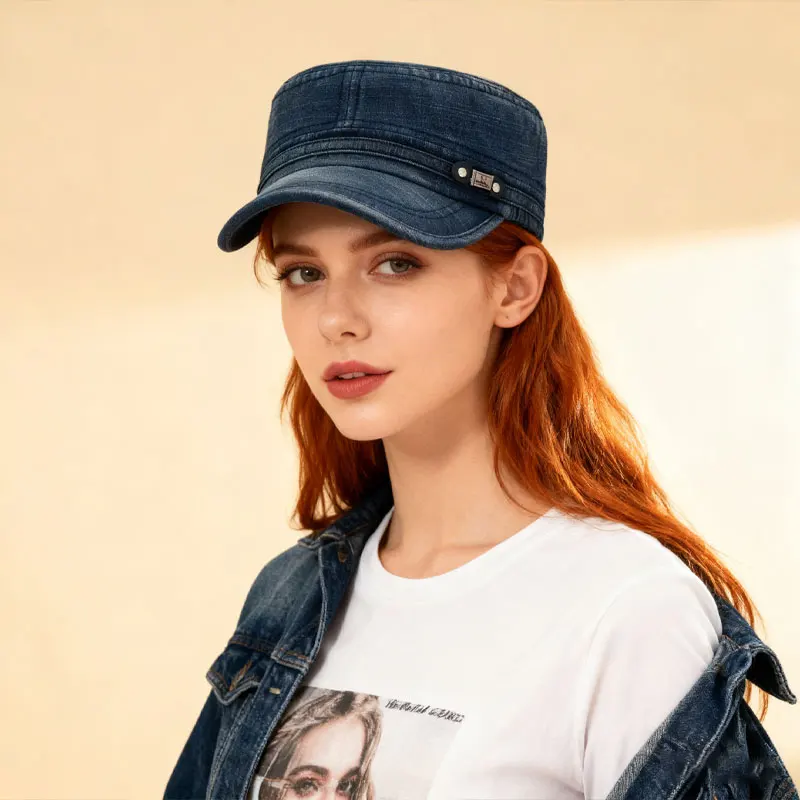 Washed Denim Flat Top Military Cap for Men, Vintage Distressed Sun Hat, Outdoor Casual Baseball Cap for All Seasons