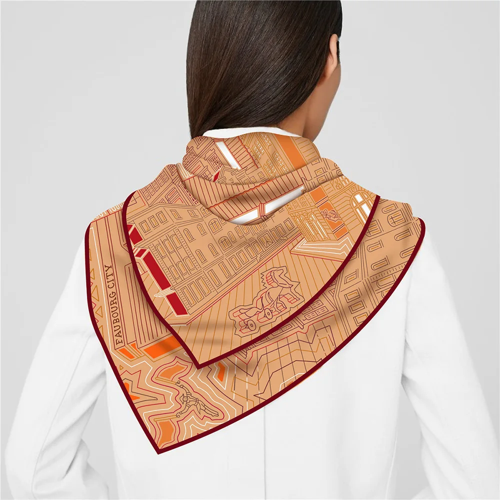 Twill Silk Scarf Shawl Luxury Brand Fubao City Architecture Square Scarf Women Hijabs Bandana Foulard Neckerchief Head Scarves