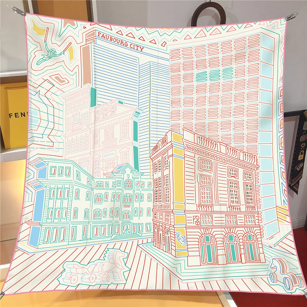 Twill Silk Scarf Shawl Luxury Brand Fubao City Architecture Square Scarf Women Hijabs Bandana Foulard Neckerchief Head Scarves