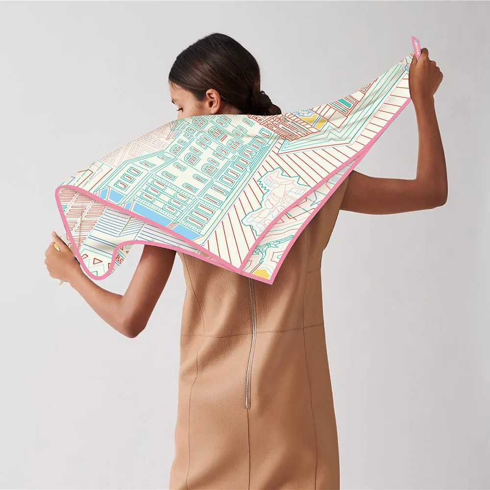 Twill Silk Scarf Shawl Luxury Brand Fubao City Architecture Square Scarf Women Hijabs Bandana Foulard Neckerchief Head Scarves