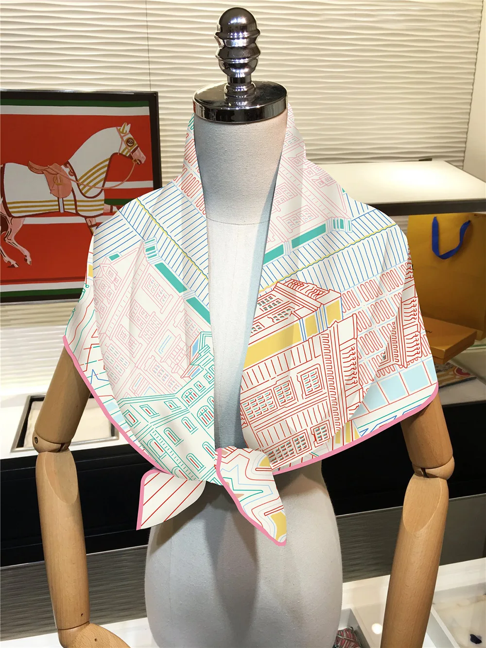 Twill Silk Scarf Shawl Luxury Brand Fubao City Architecture Square Scarf Women Hijabs Bandana Foulard Neckerchief Head Scarves