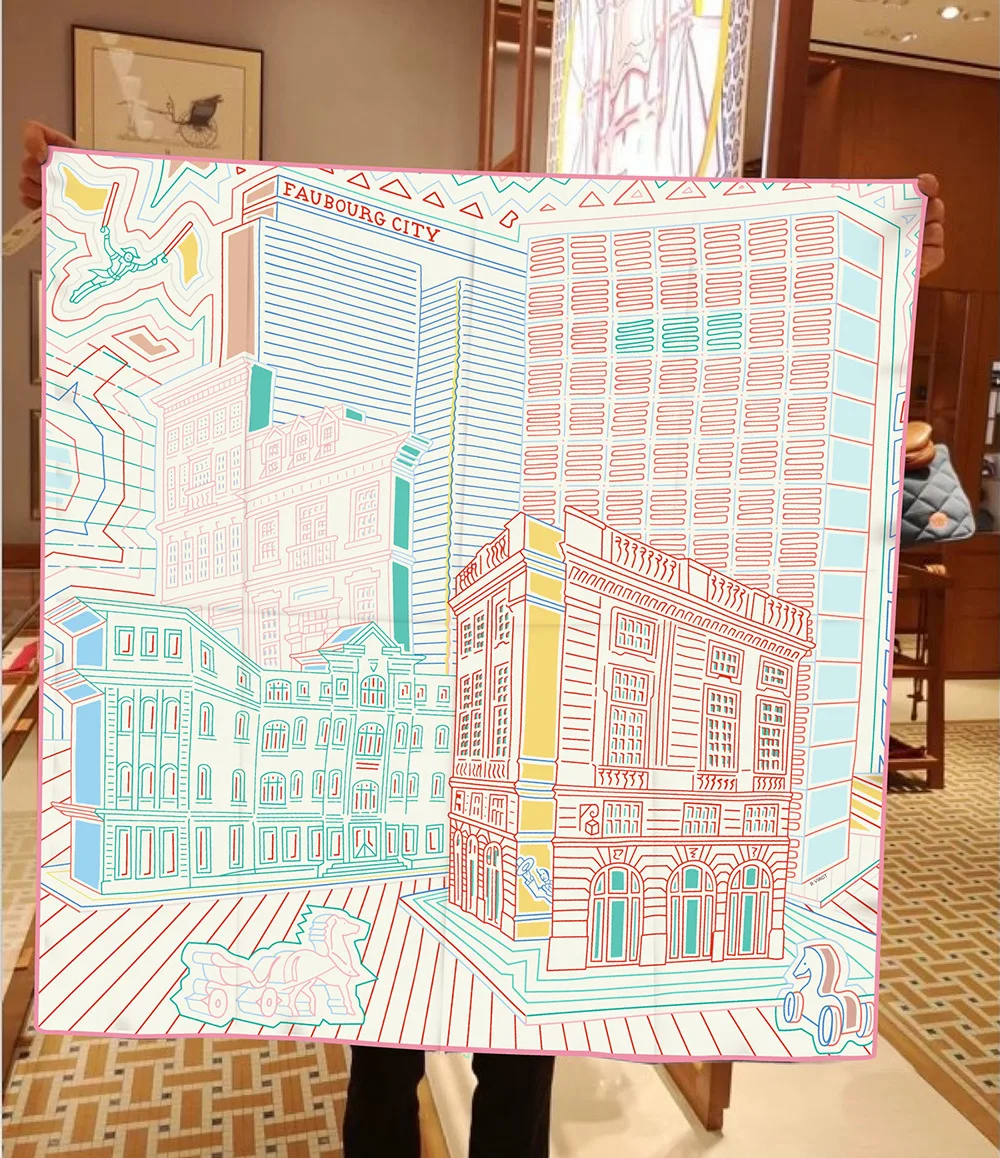 Twill Silk Scarf Shawl Luxury Brand Fubao City Architecture Square Scarf Women Hijabs Bandana Foulard Neckerchief Head Scarves