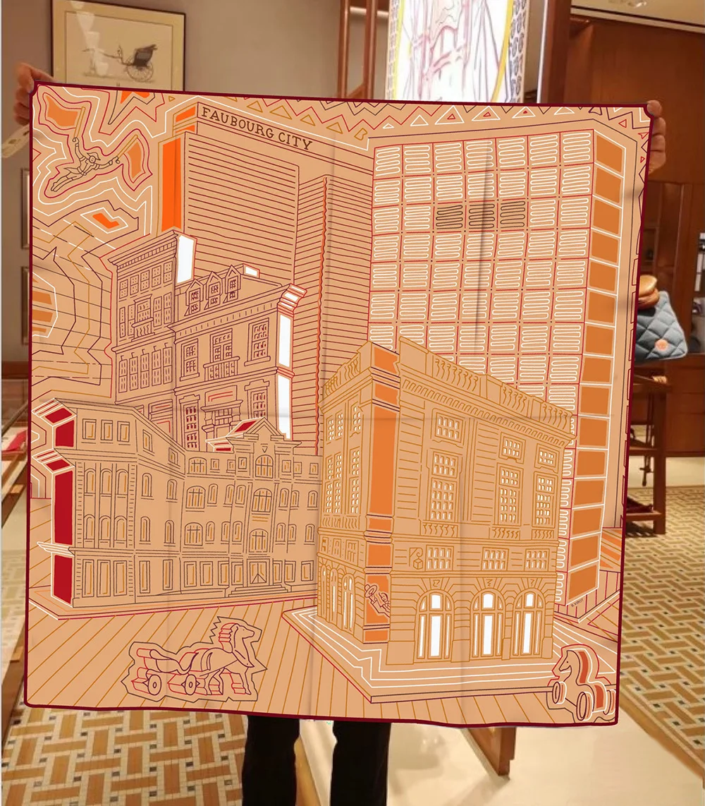 Twill Silk Scarf Shawl Luxury Brand Fubao City Architecture Square Scarf Women Hijabs Bandana Foulard Neckerchief Head Scarves