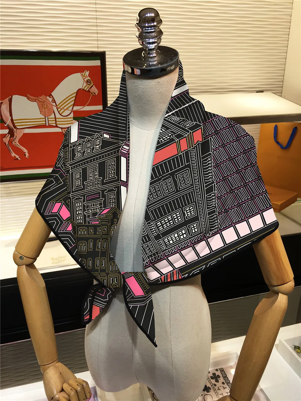 Twill Silk Scarf Shawl Luxury Brand Fubao City Architecture Square Scarf Women Hijabs Bandana Foulard Neckerchief Head Scarves