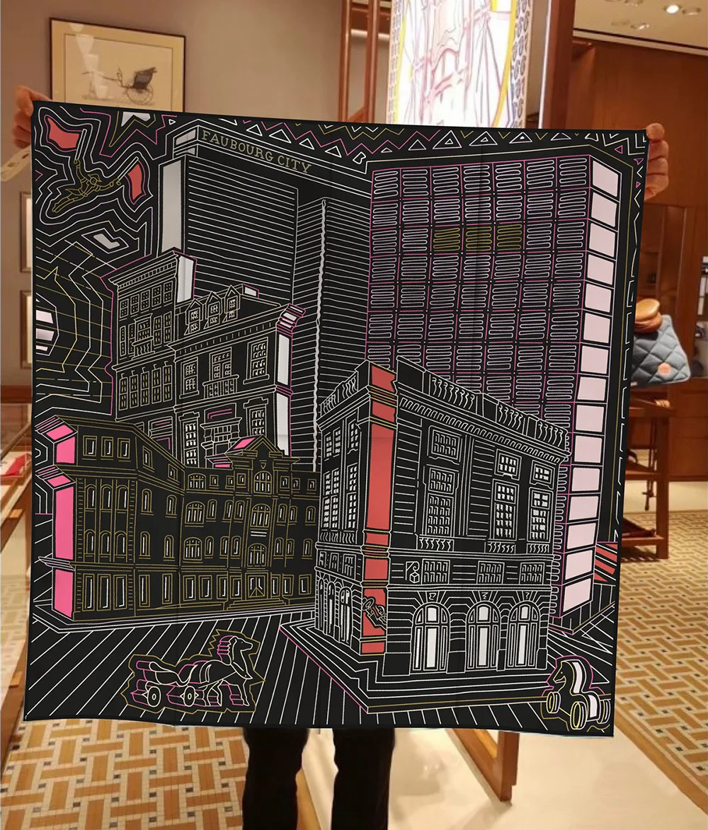 Twill Silk Scarf Shawl Luxury Brand Fubao City Architecture Square Scarf Women Hijabs Bandana Foulard Neckerchief Head Scarves
