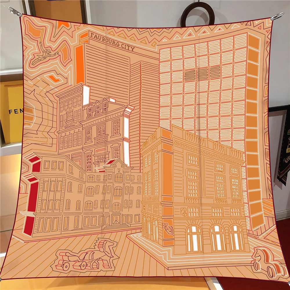 Twill Silk Scarf Shawl Luxury Brand Fubao City Architecture Square Scarf Women Hijabs Bandana Foulard Neckerchief Head Scarves