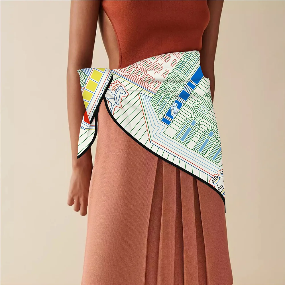 Twill Silk Scarf Shawl Luxury Brand Fubao City Architecture Square Scarf Women Hijabs Bandana Foulard Neckerchief Head Scarves