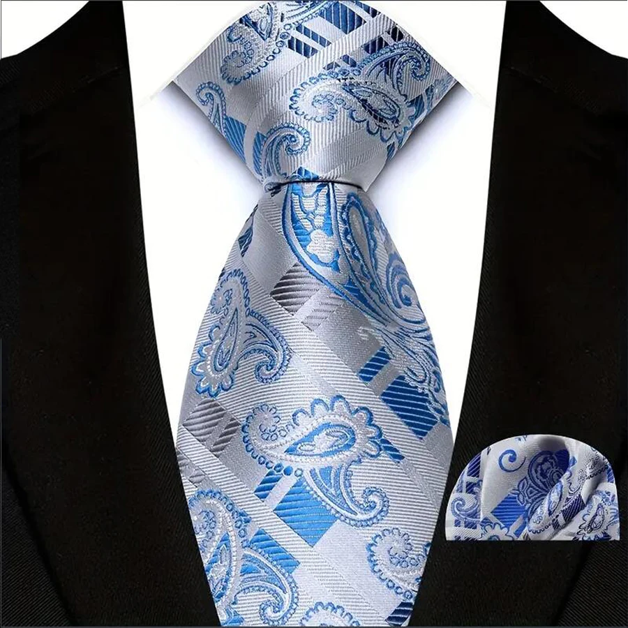 Luxury Mens Ties Floral Silver Purple Ties Paisley NeckTie Pocket Square Set Men Wedding Business Party 8CM Tie Accessories Gift