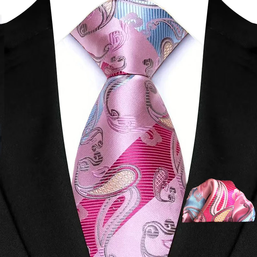Luxury Mens Ties Floral Silver Purple Ties Paisley NeckTie Pocket Square Set Men Wedding Business Party 8CM Tie Accessories Gift