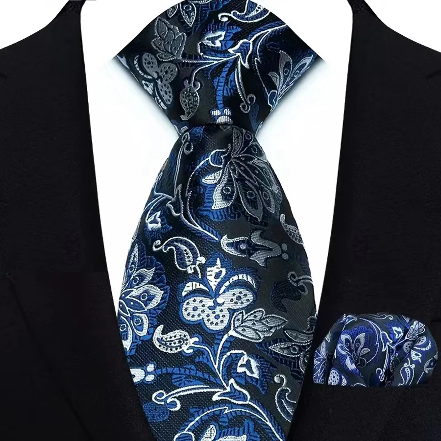 Luxury Mens Ties Floral Silver Purple Ties Paisley NeckTie Pocket Square Set Men Wedding Business Party 8CM Tie Accessories Gift