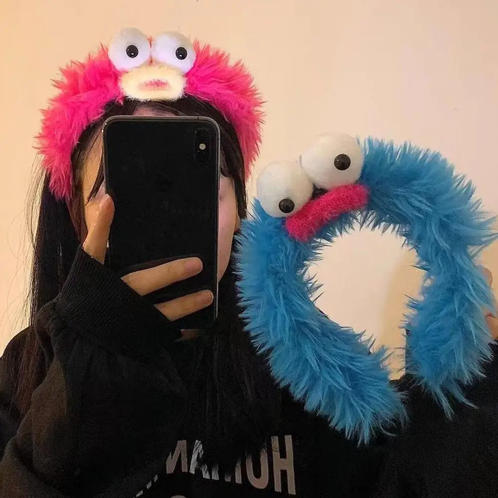 Funny Furry Monster Headband with Big Eyes, Plush Cartoon Headdress for Women Adults Face Washing & Party Wear Costume Cosplay