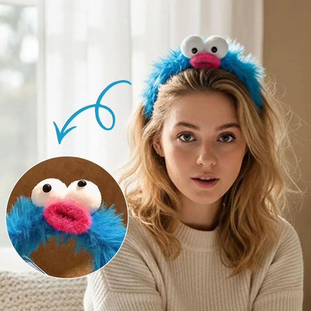 Funny Furry Monster Headband with Big Eyes, Plush Cartoon Headdress for Women Adults Face Washing & Party Wear Costume Cosplay
