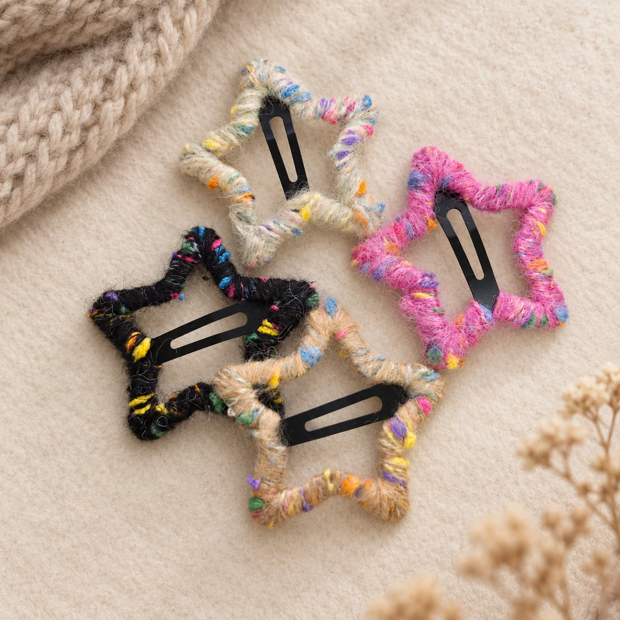 Handmade Yarn Wrapped Star Hair Clips Cute Colorful Korean Fuzzy Snap Barrettes for Women and Girls Fall Winter Hair Accessories