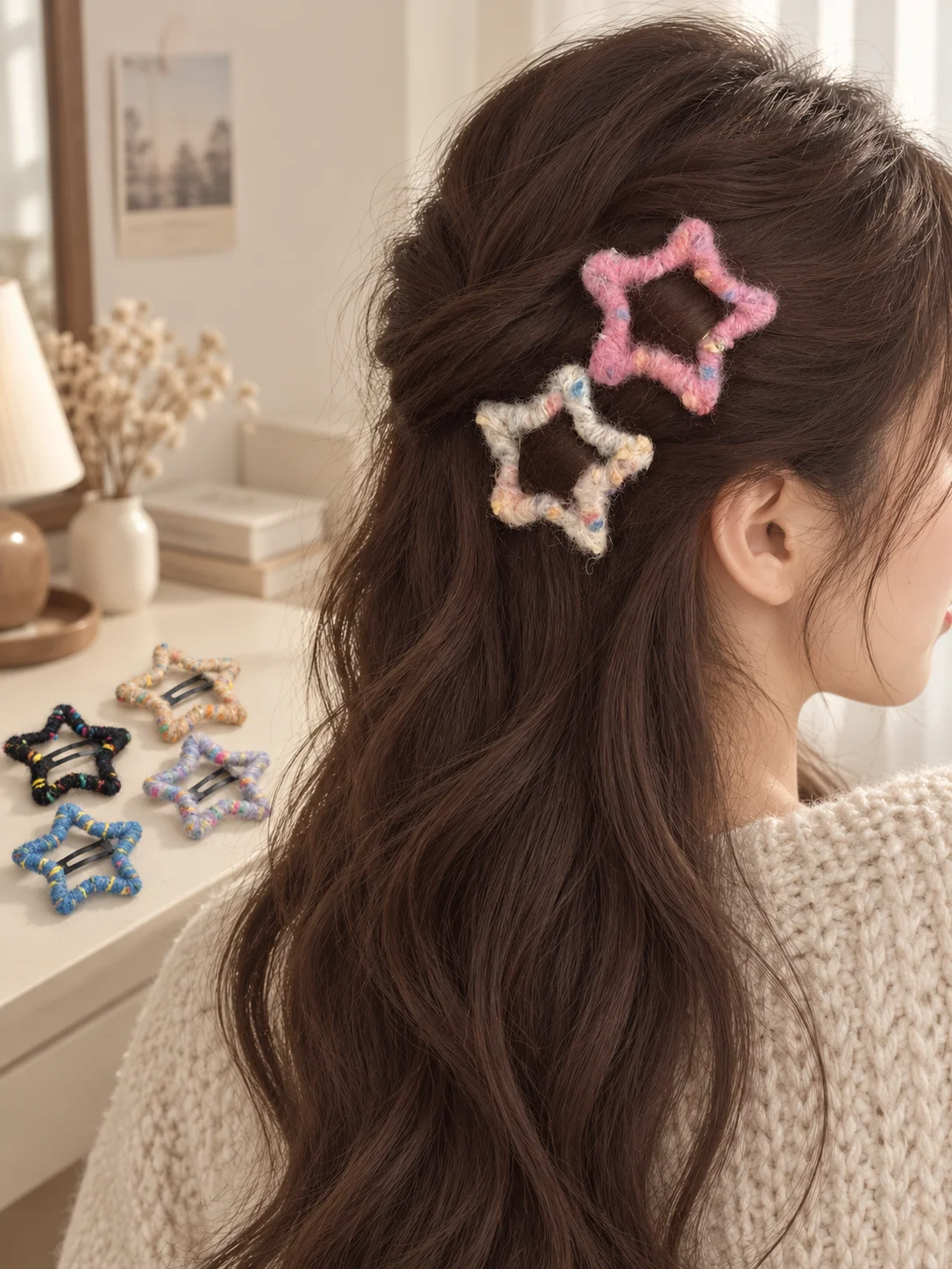 Handmade Yarn Wrapped Star Hair Clips Cute Colorful Korean Fuzzy Snap Barrettes for Women and Girls Fall Winter Hair Accessories