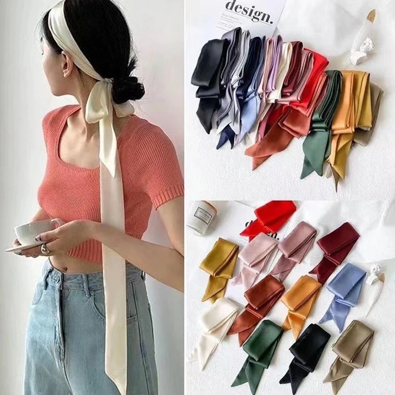 200Cm Scarf Diy 5X Satin Silk Narrow Neckerchief Solid Neck Scarves Long Thin Head Hair Band Bag Ribbon Headbands