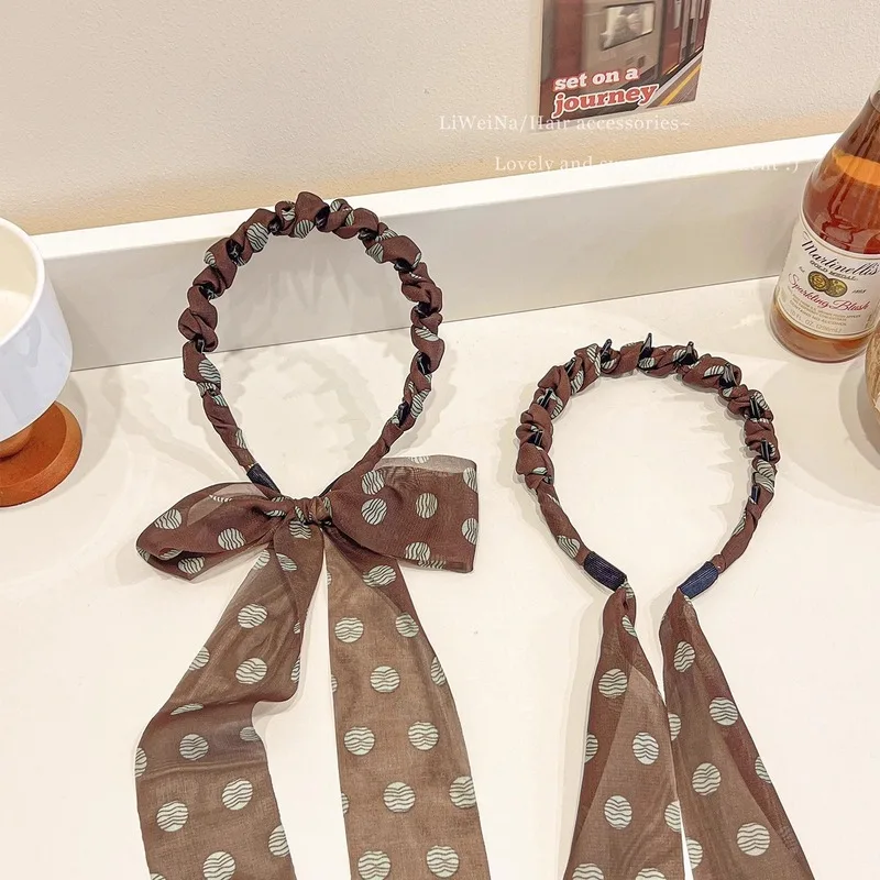 Coffee Polka Dot Ribbon Headband For Women - High Skull Top Hair Bands Face Washing Hairband Elegant Ponytail Hair Accessory