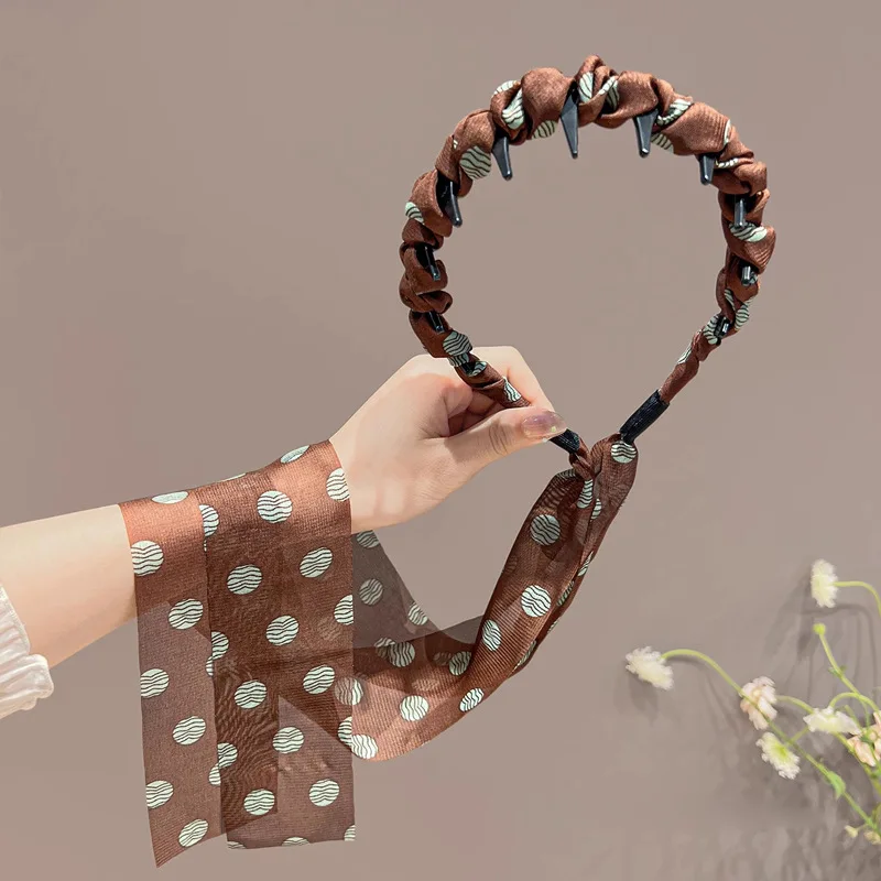 Coffee Polka Dot Ribbon Headband For Women - High Skull Top Hair Bands Face Washing Hairband Elegant Ponytail Hair Accessory