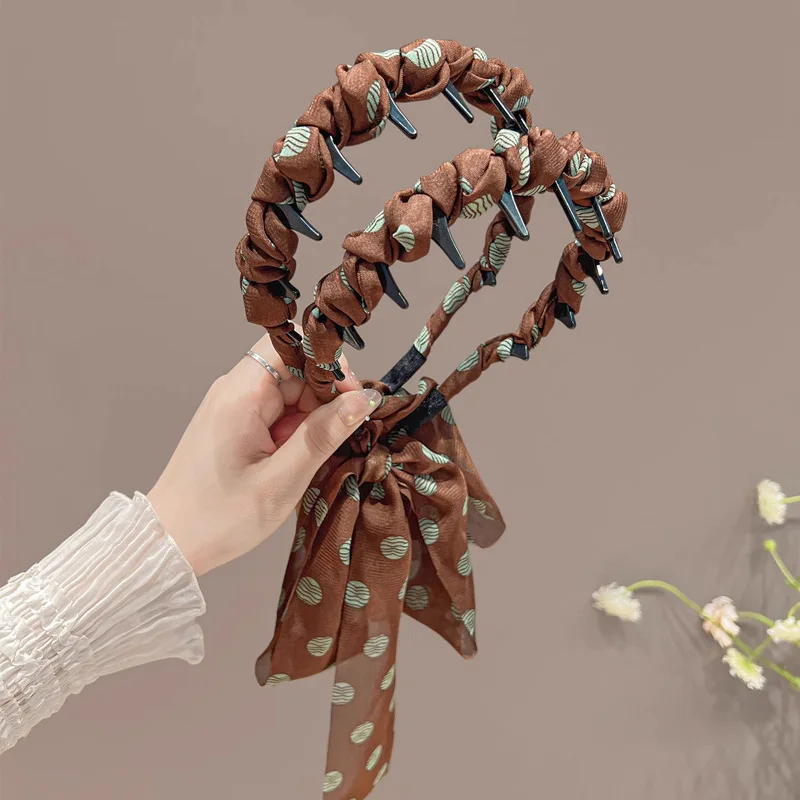 Coffee Polka Dot Ribbon Headband For Women - High Skull Top Hair Bands Face Washing Hairband Elegant Ponytail Hair Accessory