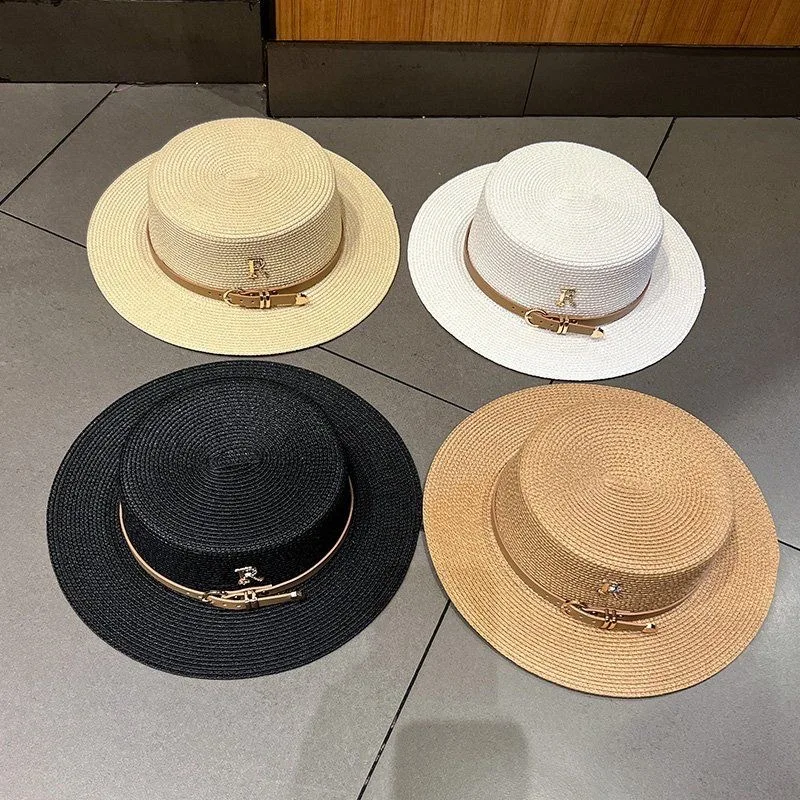 Rhinestone women's summer beach sunshade hat Braided straw sunblock hat French belt vintage top hat