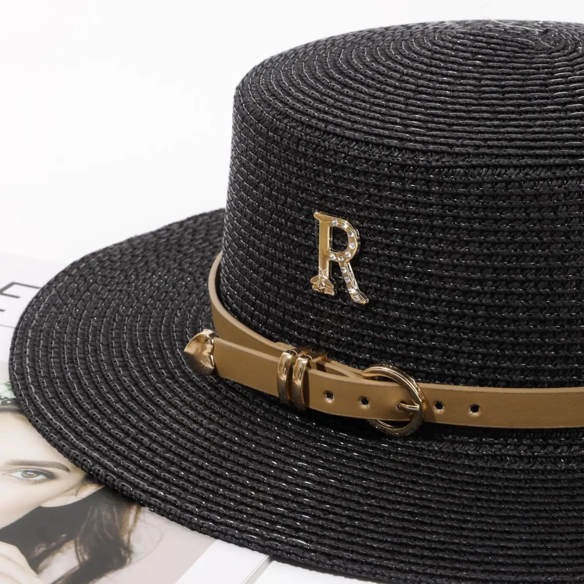 Rhinestone women's summer beach sunshade hat Braided straw sunblock hat French belt vintage top hat