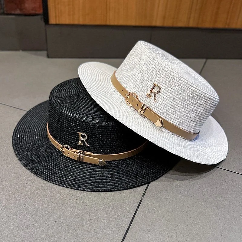 Rhinestone women's summer beach sunshade hat Braided straw sunblock hat French belt vintage top hat