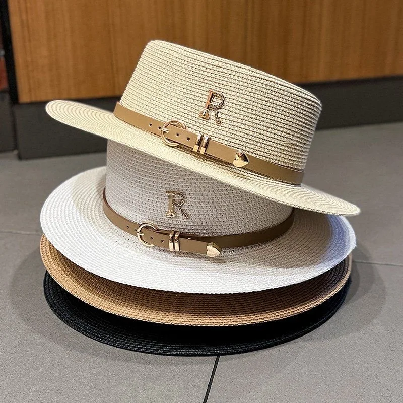 Rhinestone women's summer beach sunshade hat Braided straw sunblock hat French belt vintage top hat