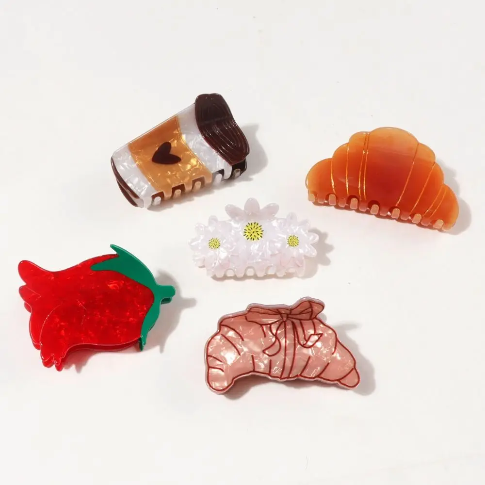 New Cartoon Hair Jaw Clips Brown Nonslip Hair Clamps Acrylic Coffee Cup Croissant Red Rose Design Cute Hair Clips for Women