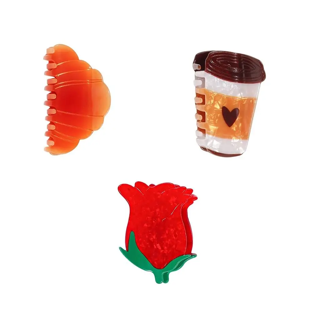 New Cartoon Hair Jaw Clips Brown Nonslip Hair Clamps Acrylic Coffee Cup Croissant Red Rose Design Cute Hair Clips for Women