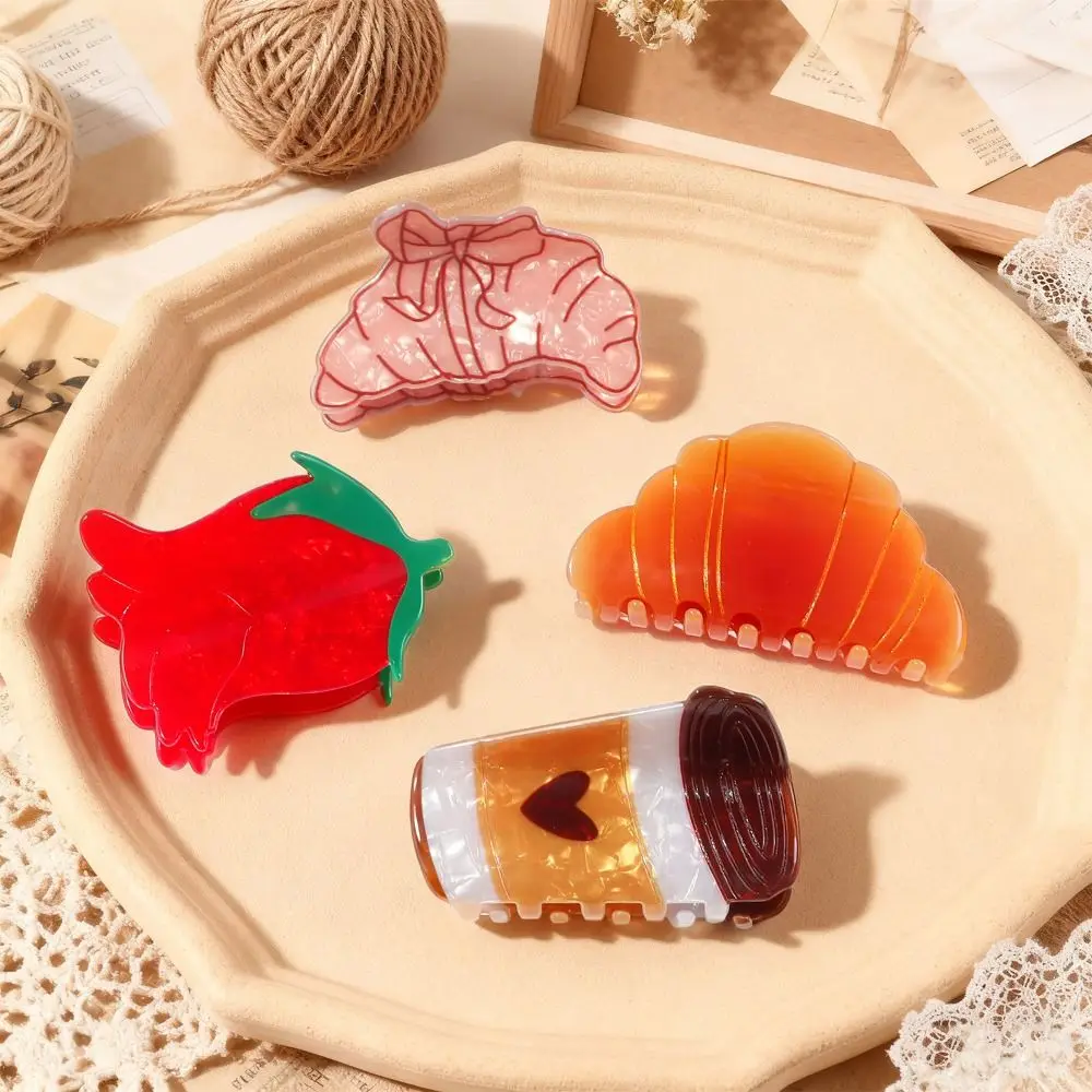 New Cartoon Hair Jaw Clips Brown Nonslip Hair Clamps Acrylic Coffee Cup Croissant Red Rose Design Cute Hair Clips for Women