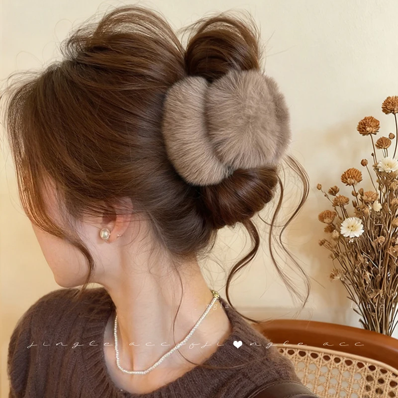 Double-faced Women's Simulated Rabbit Fur Hair Clips Coffee Plush Half Updo Shark Clamp Warm Hair Accessories Autumn Winter M
