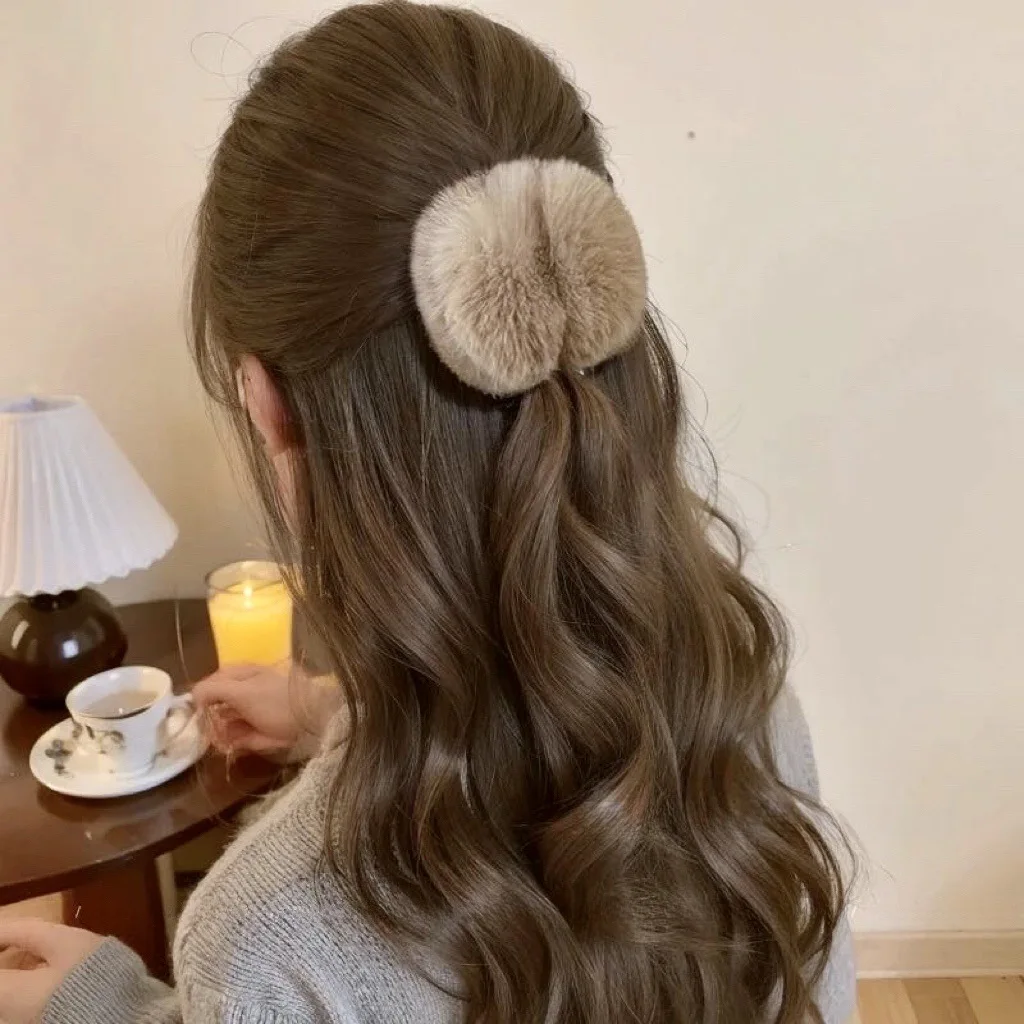Double-faced Women's Simulated Rabbit Fur Hair Clips Coffee Plush Half Updo Shark Clamp Warm Hair Accessories Autumn Winter M