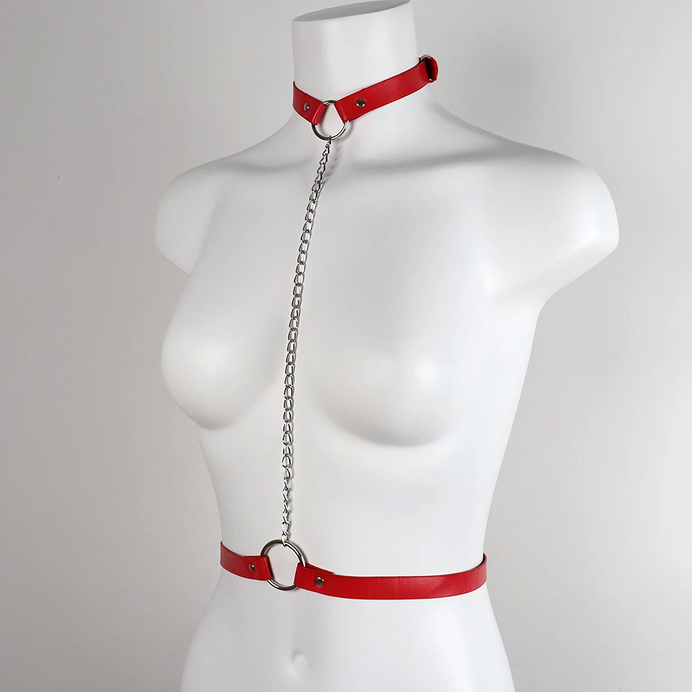 Edgy Y2K Faux Leather Choker Harness Belt - Choker & Chain Integrated Waist Accessory