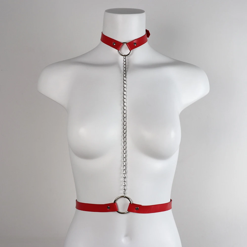 Edgy Y2K Faux Leather Choker Harness Belt - Choker & Chain Integrated Waist Accessory