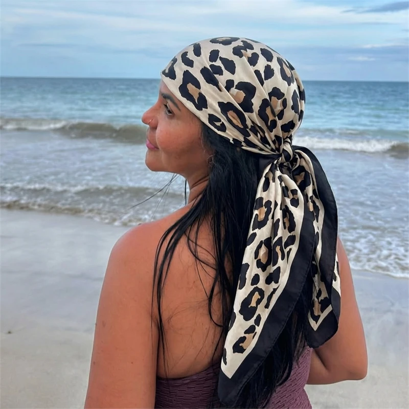 Leopard Print Neckerchief Hijab 90cm Scarf For Women Silk Satin Headband Hair Scarves Female Square Shawls Ladies Head Bandana