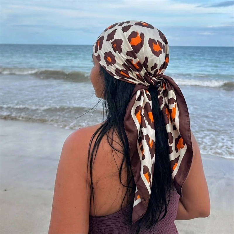 Leopard Print Neckerchief Hijab 90cm Scarf For Women Silk Satin Headband Hair Scarves Female Square Shawls Ladies Head Bandana