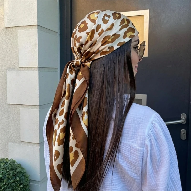 Leopard Print Neckerchief Hijab 90cm Scarf For Women Silk Satin Headband Hair Scarves Female Square Shawls Ladies Head Bandana