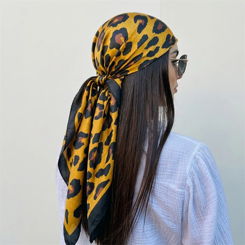 Leopard Print Neckerchief Hijab 90cm Scarf For Women Silk Satin Headband Hair Scarves Female Square Shawls Ladies Head Bandana