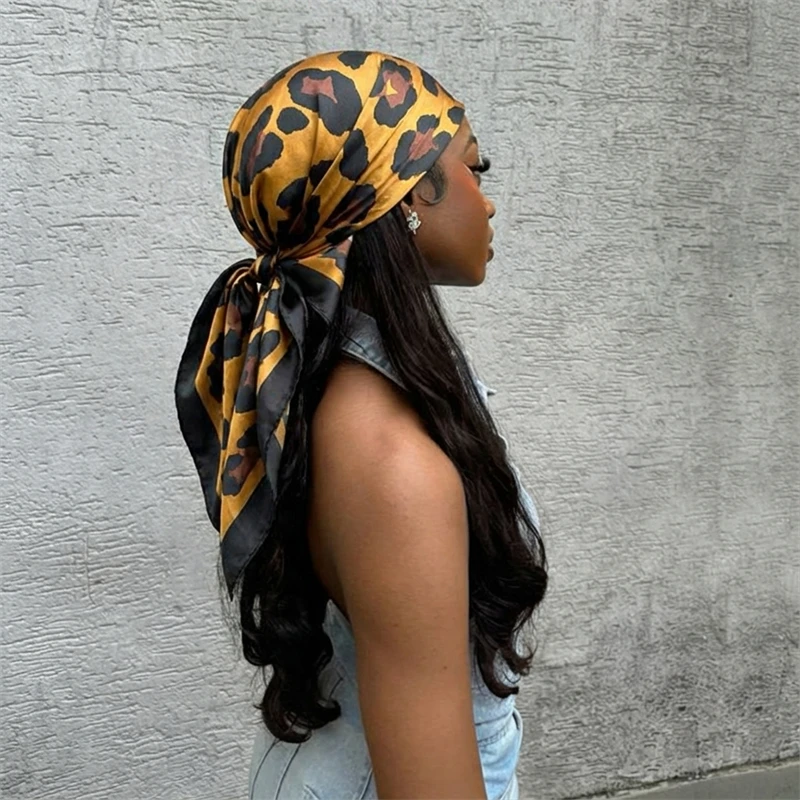 Leopard Print Neckerchief Hijab 90cm Scarf For Women Silk Satin Headband Hair Scarves Female Square Shawls Ladies Head Bandana