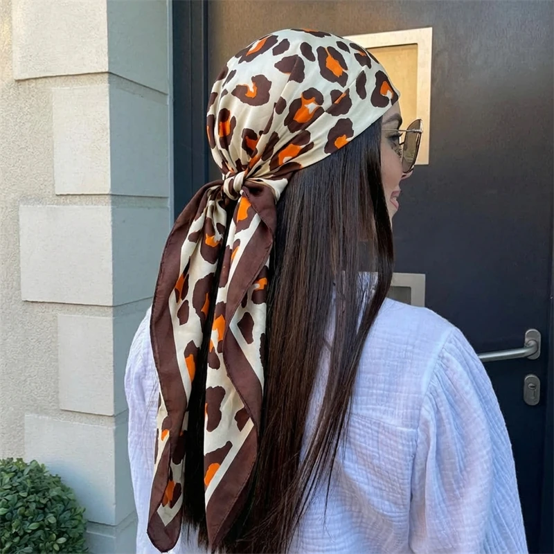 Leopard Print Neckerchief Hijab 90cm Scarf For Women Silk Satin Headband Hair Scarves Female Square Shawls Ladies Head Bandana