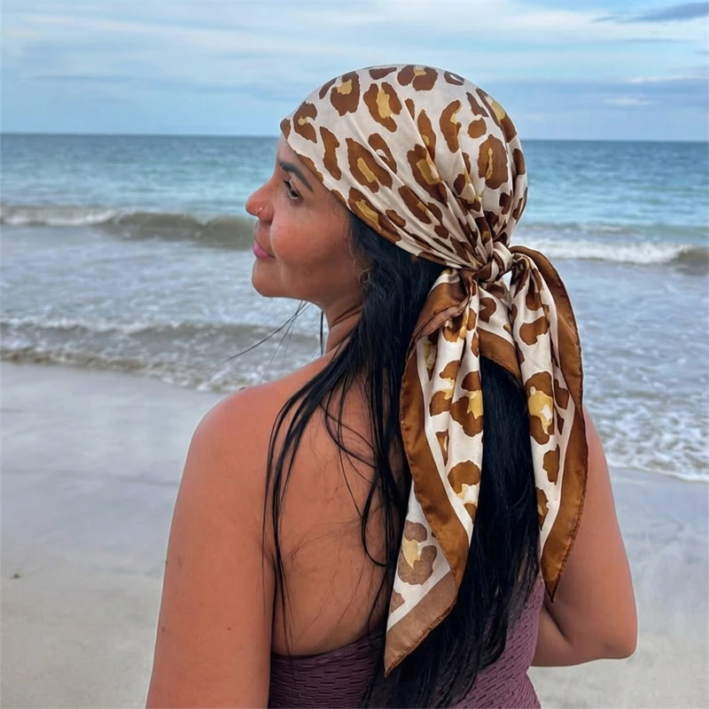 Leopard Print Neckerchief Hijab 90cm Scarf For Women Silk Satin Headband Hair Scarves Female Square Shawls Ladies Head Bandana