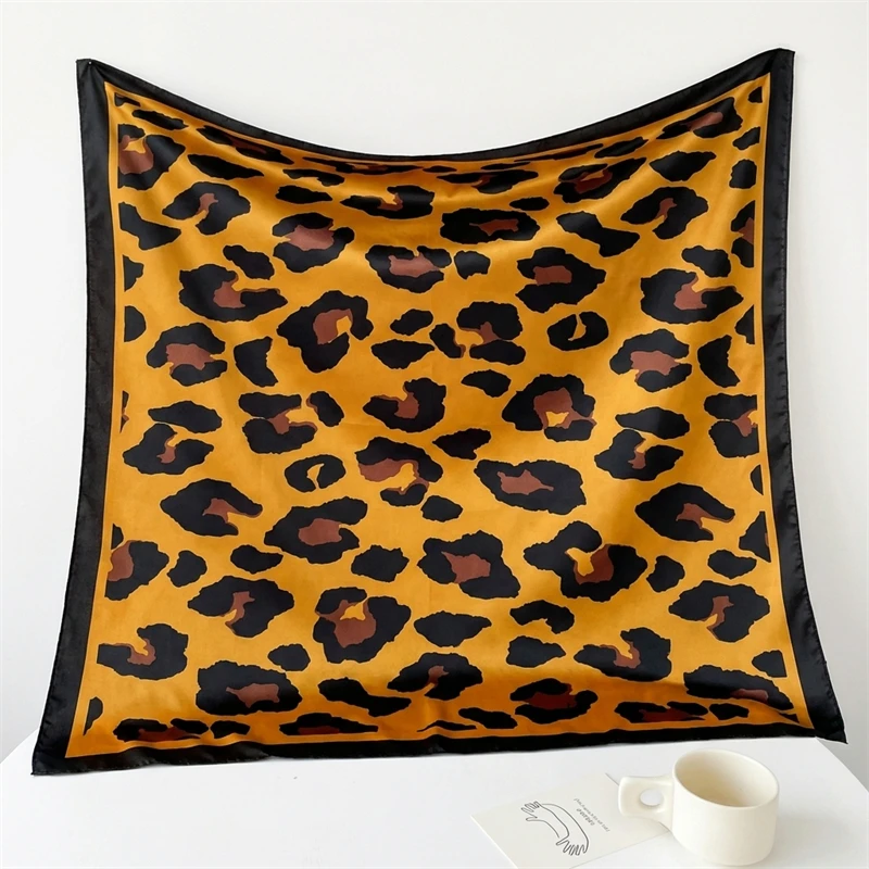Leopard Print Neckerchief Hijab 90cm Scarf For Women Silk Satin Headband Hair Scarves Female Square Shawls Ladies Head Bandana