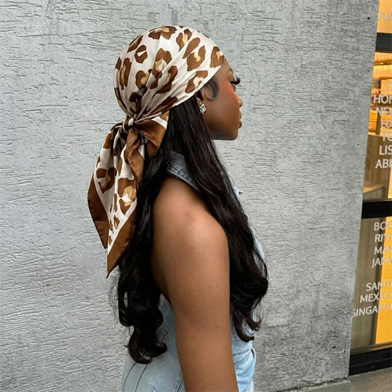 Leopard Print Neckerchief Hijab 90cm Scarf For Women Silk Satin Headband Hair Scarves Female Square Shawls Ladies Head Bandana
