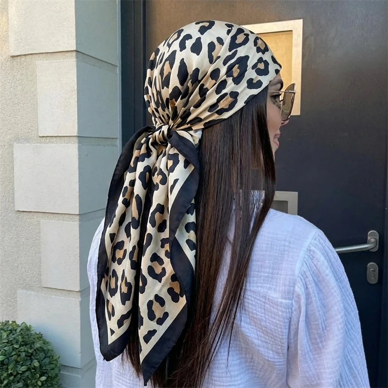 Leopard Print Neckerchief Hijab 90cm Scarf For Women Silk Satin Headband Hair Scarves Female Square Shawls Ladies Head Bandana