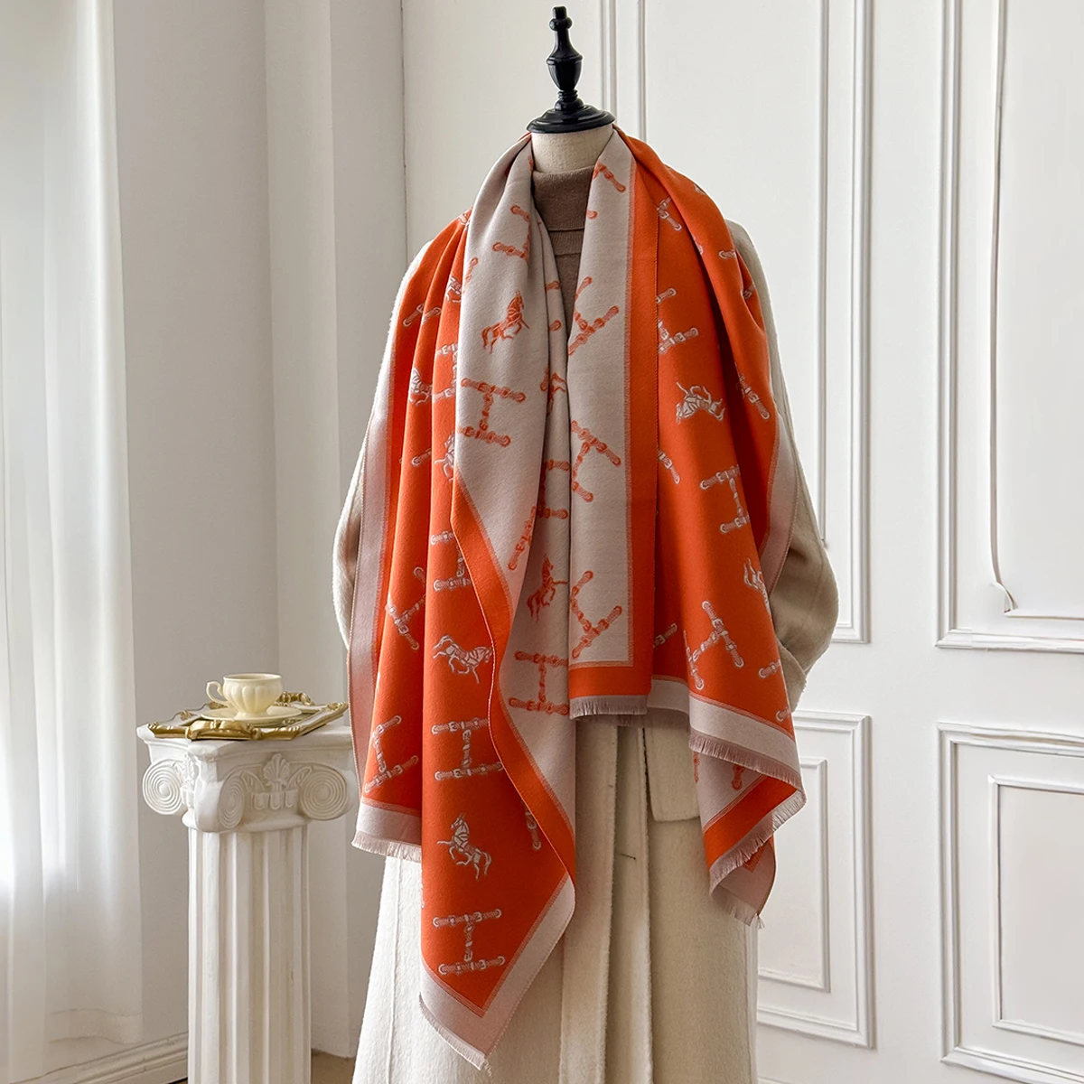 Brand Fashion Women's Cashmere Winter Shawl - Vintage Floral Printed Oil Painting Style Pashmina Thick Wrap & Poncho