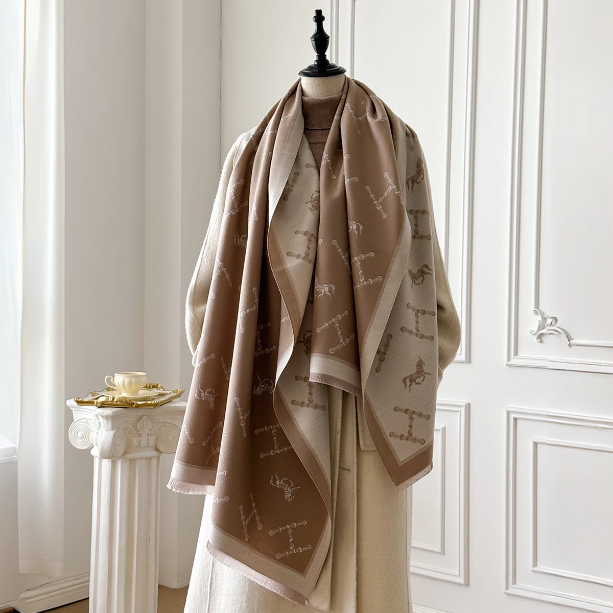 Brand Fashion Women's Cashmere Winter Shawl - Vintage Floral Printed Oil Painting Style Pashmina Thick Wrap & Poncho