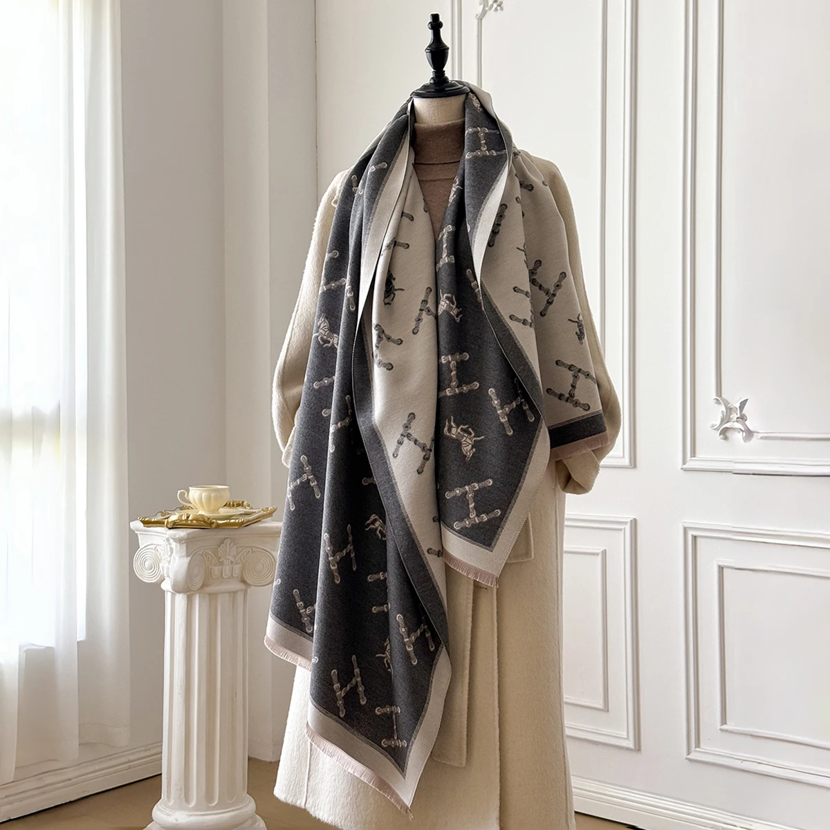 Brand Fashion Women's Cashmere Winter Shawl - Vintage Floral Printed Oil Painting Style Pashmina Thick Wrap & Poncho