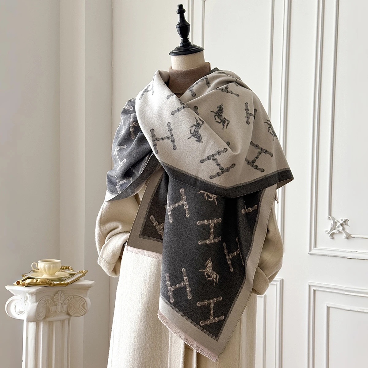 Brand Fashion Women's Cashmere Winter Shawl - Vintage Floral Printed Oil Painting Style Pashmina Thick Wrap & Poncho