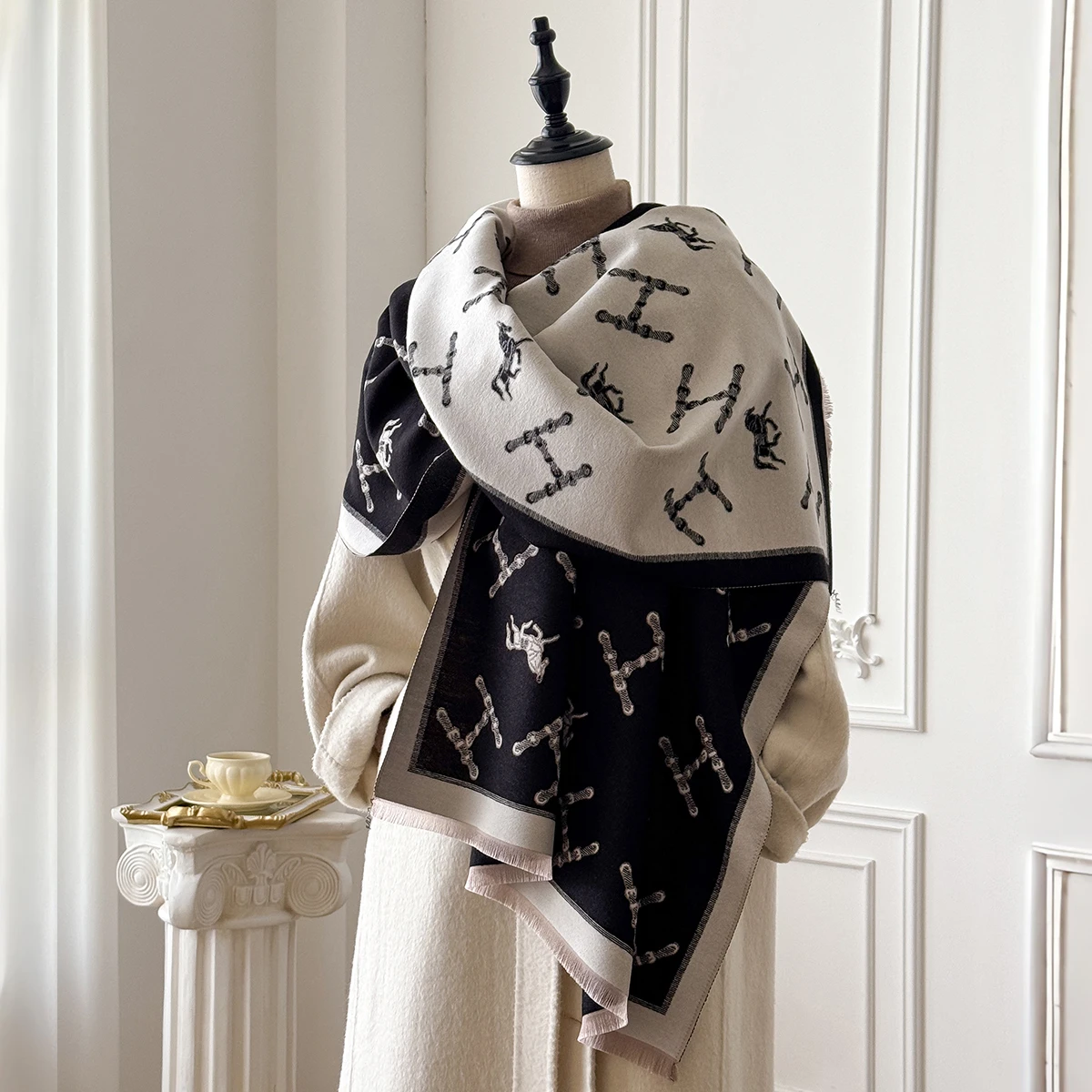 Brand Fashion Women's Cashmere Winter Shawl - Vintage Floral Printed Oil Painting Style Pashmina Thick Wrap & Poncho