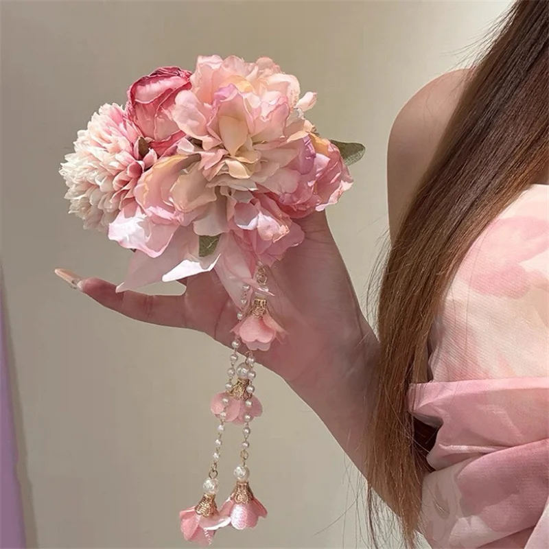 Teng Hua's Love~ Exquisite Pink Tassel Flower Hair Clip for Women's Cheongsam Side Hairpin