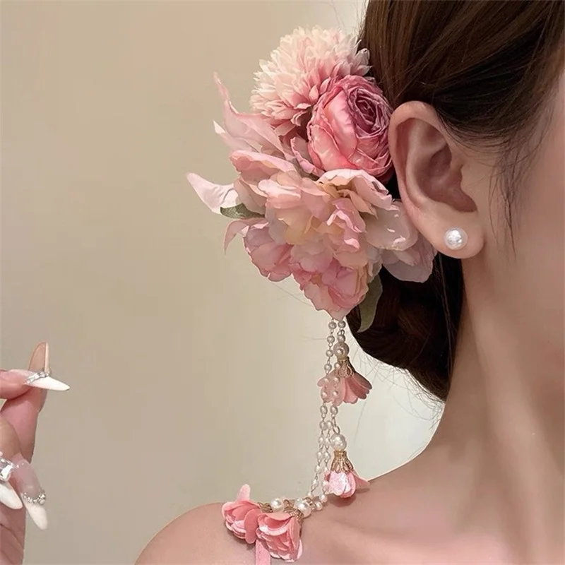 Teng Hua's Love~ Exquisite Pink Tassel Flower Hair Clip for Women's Cheongsam Side Hairpin